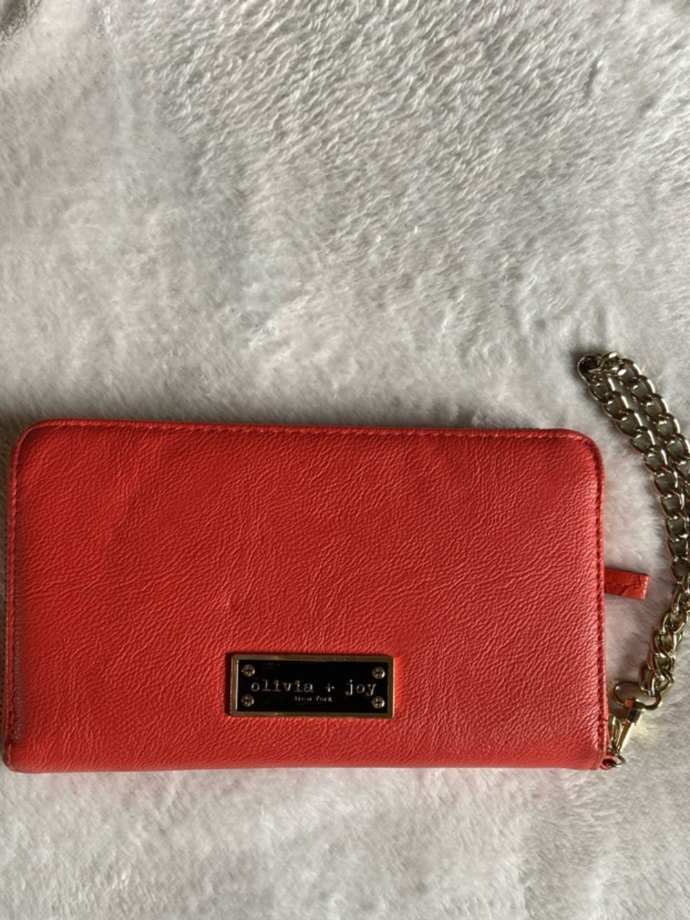Olivia + Joy Coral-Red Zip Wallet Wristlet with Chain